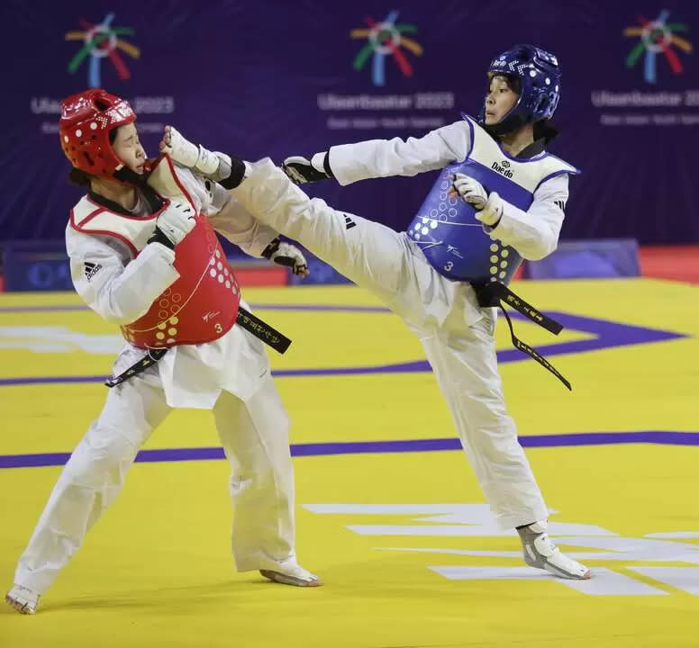 王薇嘉選手獲東亞青運跆拳道女子63公斤以上級金牌。體育署提供