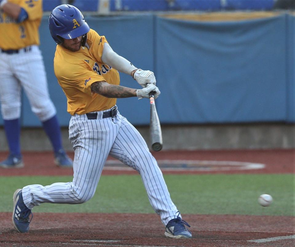 Angelo State University's Justin Lee connects on a pitch against West Texas A&amp;M in the Lone Star Conference Baseball Tournament finals at Foster Field at 1st Community Credit Union Stadium on Saturday, May 14, 2022.