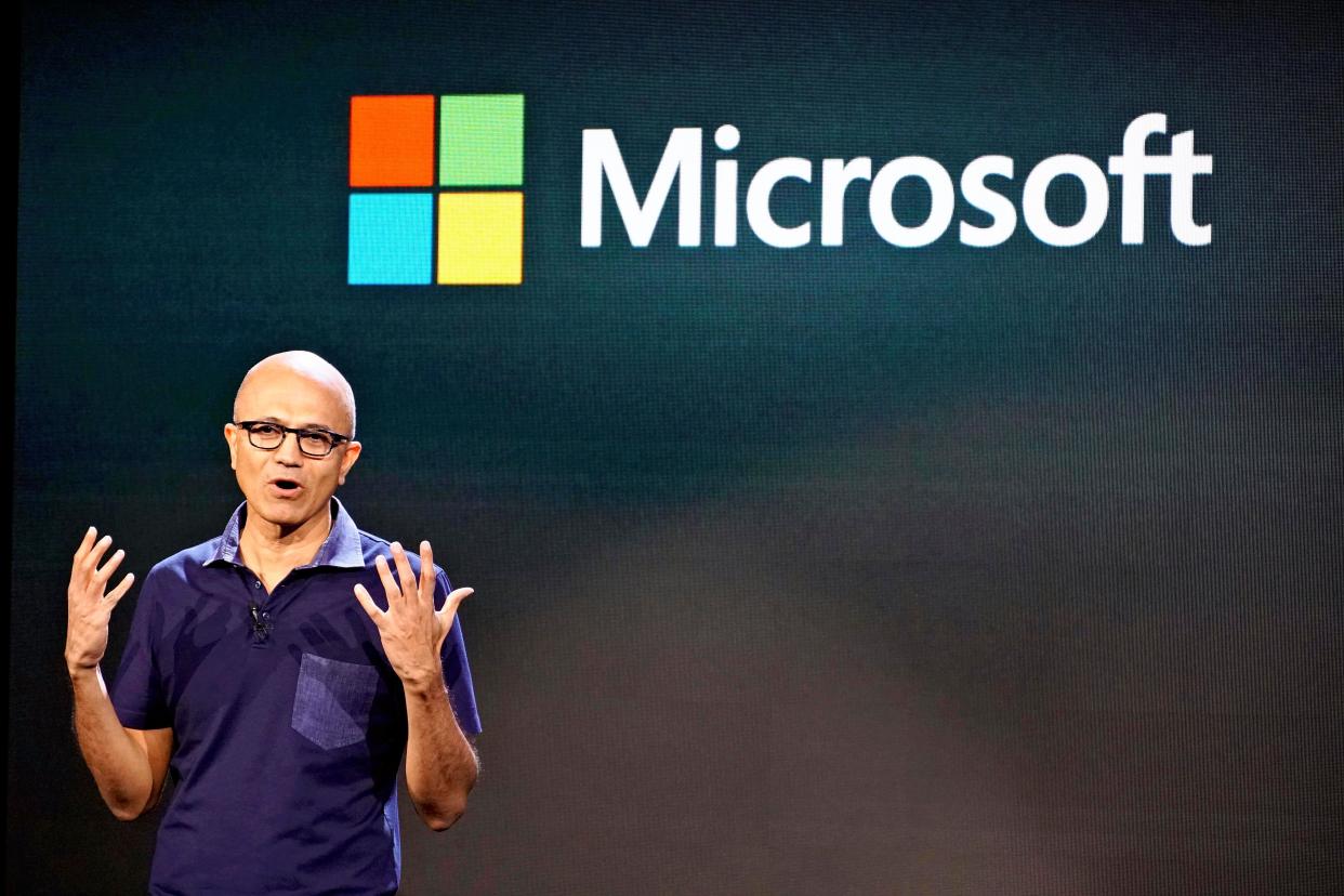 Microsoft CEO Satya Nadella announces a new foldable smartphone, Surface Duo in New York on Oct. 2nd, 2019. MS has equipped the device with two 5.6-inch displays and it will allow users to download apps directly from Google Play. ( The Yomiuri Shimbun via AP Images )