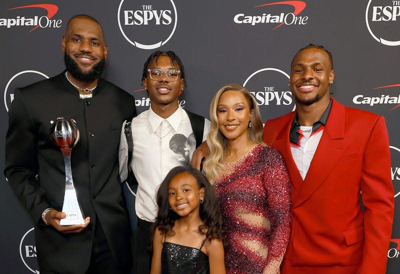  (L-R) LeBron James, Bryce James, Zhuri James, Savannah James, and Bronny James attend The 2023 ESPY Awards at Dolby Theatre on July 12, 2023 in Hollywood, California. 