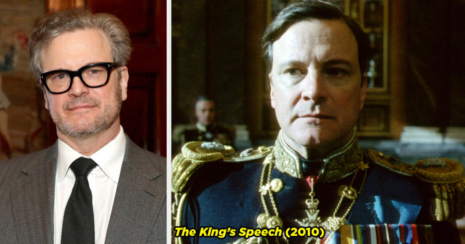 Colin Firth on the red carpet and him as King George VI in The King's Speech.