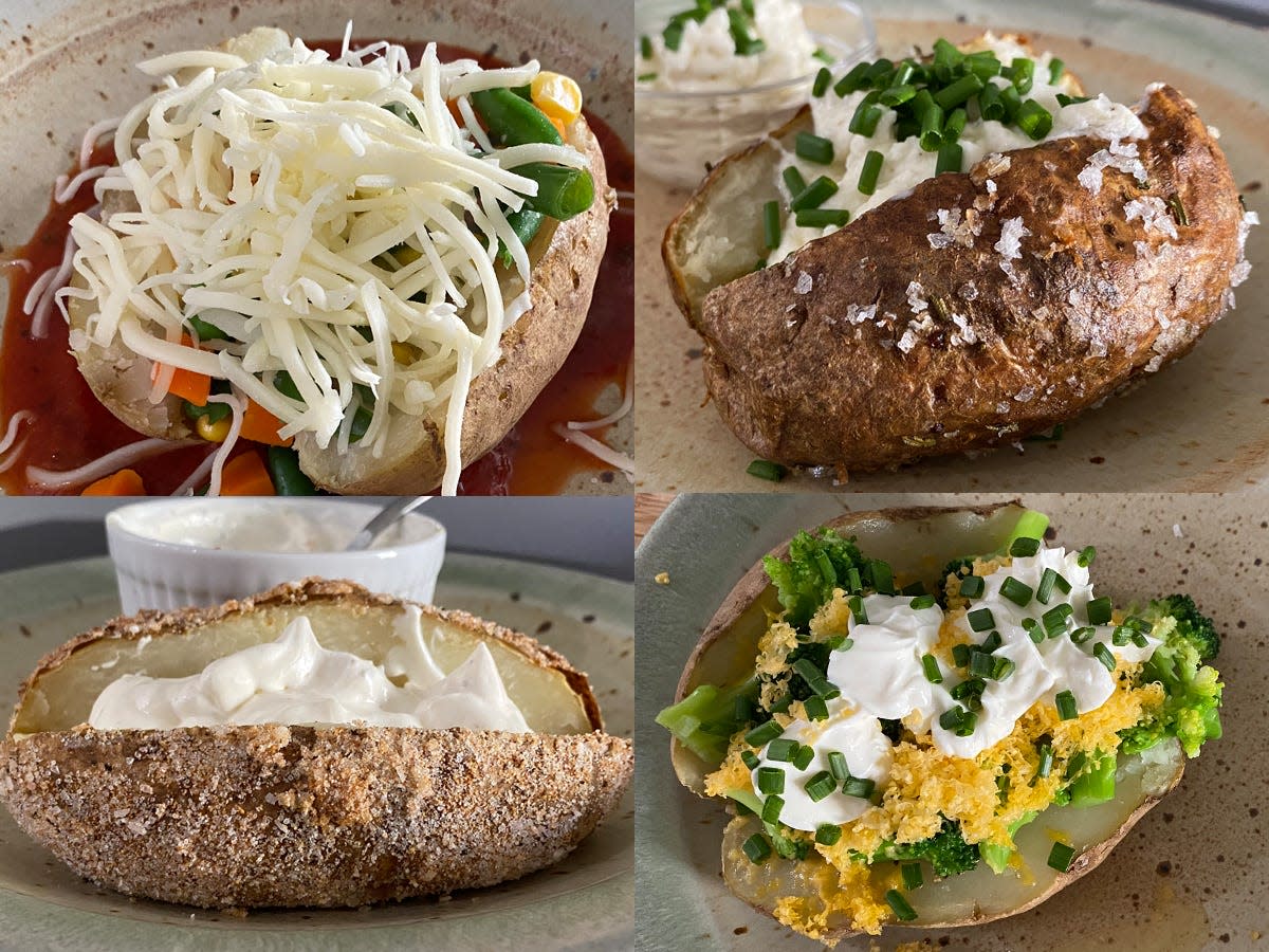 four prepared baked potatoes from celebrity chef recipes