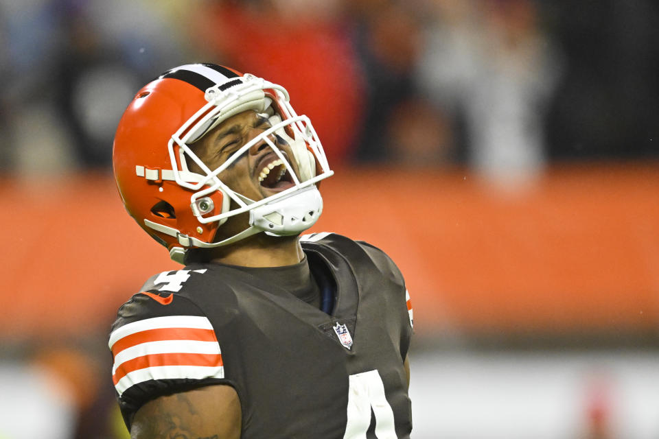Cleveland Browns quarterback Deshaun Watson celebrates his touchdown pass during the second half of an NFL football game against the Baltimore Ravens, Saturday, Dec. 17, 2022, in Cleveland. (AP Photo/David Richard)
