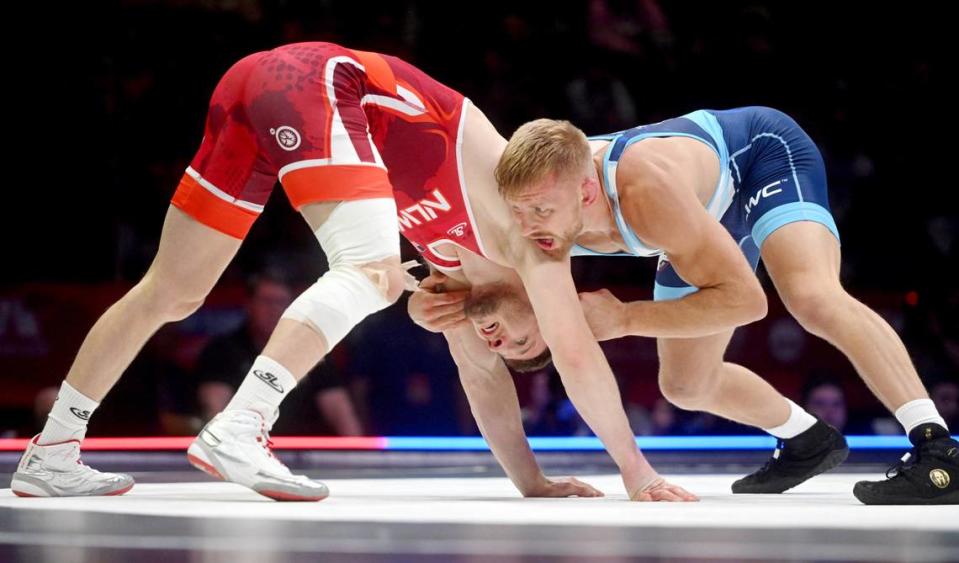 Jason Nolf and Kyle Dake wrestle in the second bout of their best-of-three series final at 74 kg during the U.S. Olympic Team Trials at the Bryce Jordan Center on Saturday, April 20, 2024.