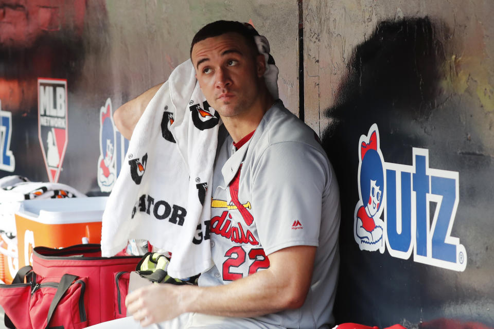 St. Louis Cardinals starting pitcher Jack Flaherty sits in the dugout in the eighth inning during Game 2 of a best-of-five National League Division Series against the Atlanta Braves, Friday, Oct. 4, 2019, in Atlanta. (AP Photo/John Bazemore)
