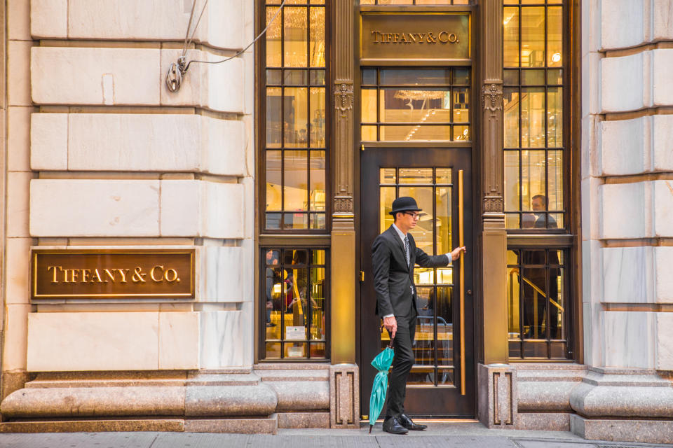 New York City, New York, USA - September 17, 2016:   Exterior view of Tiffany & Co. on Wall Street in Manhattan with doorman.  Tiffany is a world  premier jeweler since 1837.