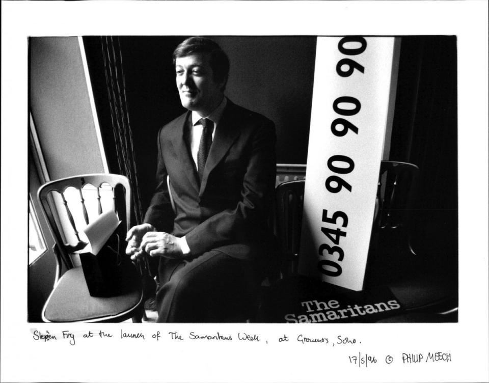 Stephen Fry at the launch of The Samaritans Week, at Groucho’s, Soho, in 1996.  To buy this print, click here (Philip Meech/The Independent)