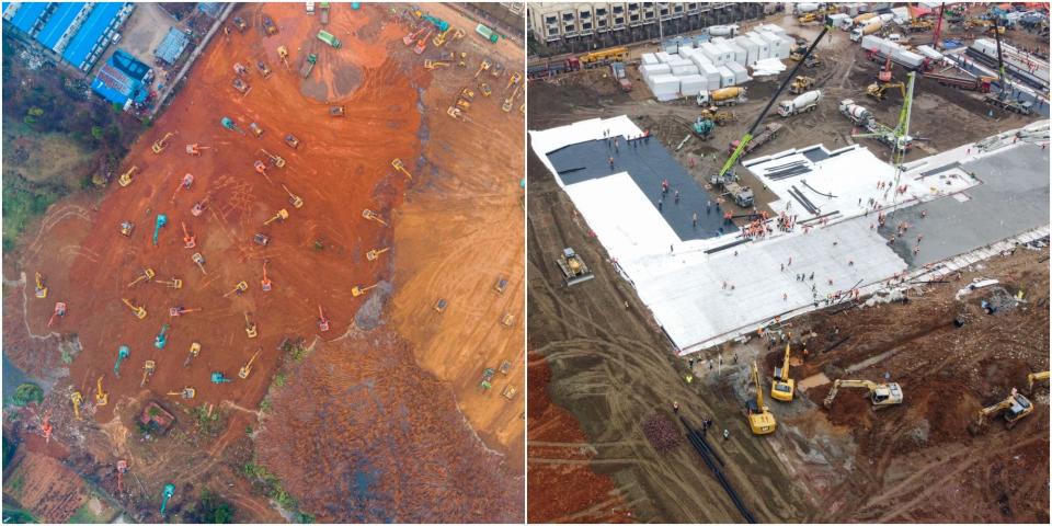 Before and after image of Huoshenshan hospital.