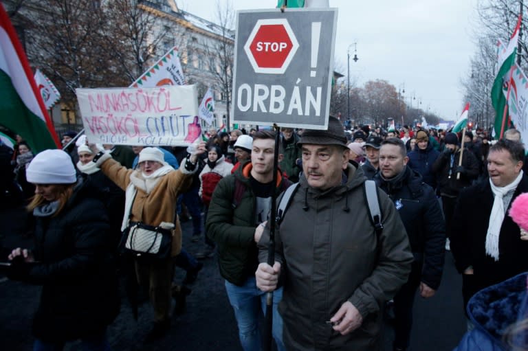 A protester shows his opposition to Prime Minister Viktor Orban's controversial labour reforms during a march in Budapest -- but Orban dismissed the rally as "hysterical shouting"
