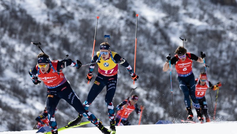 Tarjei Boe of Norway (7) leads the downhill in front of Johannes Thingness Boe (17) of Norway during the 12.5K pursuit race in the IBU World Cup Biathlon at the Soldier Hollow Nordic Center in Midway on Sunday, March 10, 2024.