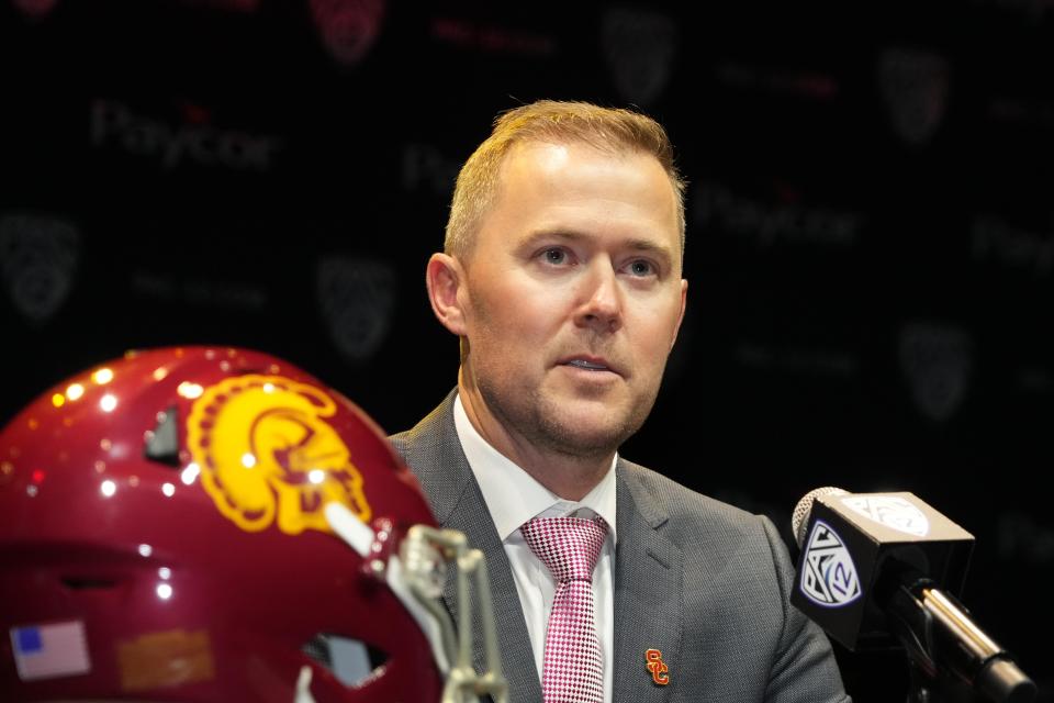 Jul 29, 2022; Los Angeles, CA, USA; Southern California Trojans coach Lincoln Riley speaks during Pac-12 Media Day at Novo Theater. Mandatory Credit: Kirby Lee-USA TODAY Sports