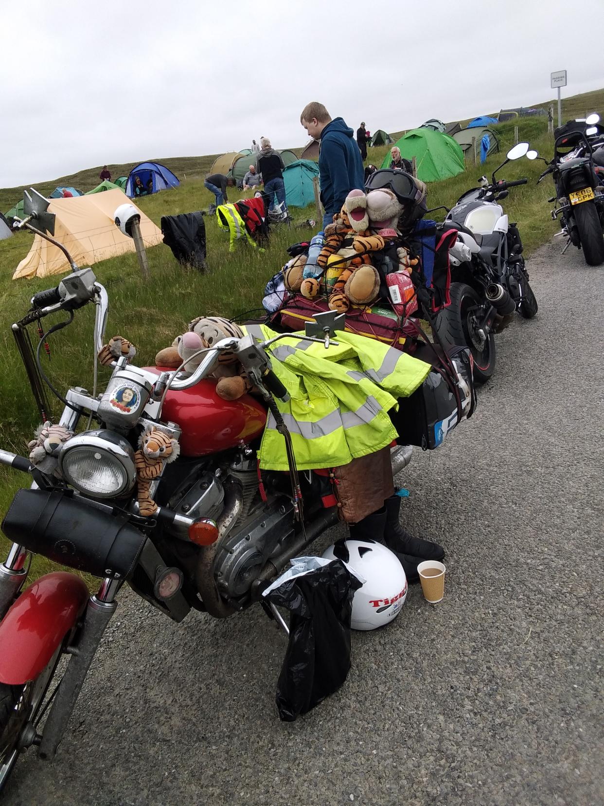 Mary Dean's motorbike with teddy bears attached to it