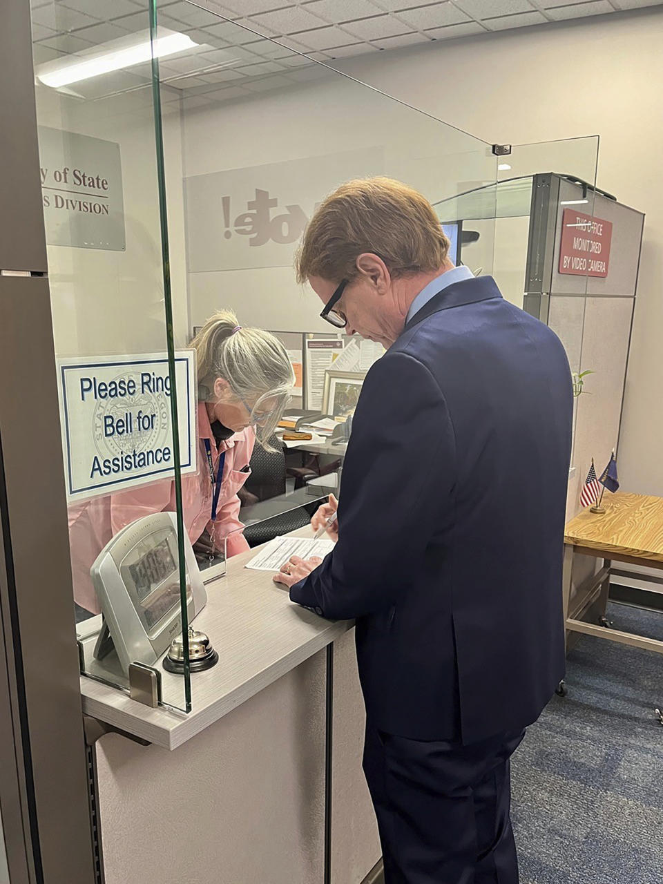 Oregon state Sen. Tim Knopp, leader of the minority Republicans in the Senate, files as a candidate for for the 2024 primary election on Thursday, Sept. 14, 2023, at the state elections offices in Salem, Ore. Knopp and nine other state senators who accumulated 10 or more unexcused absences at the Legislature during a Republican walkout this year are supposed to be disqualified from running for re-election, but Knopp nevertheless filed as a candidate. (Brian Iverson via AP)