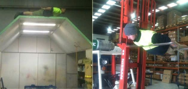 Stewart Kift planking on a spray booth (left) and Cameron Denbesten planking on the tynes of a forklift: Supplied