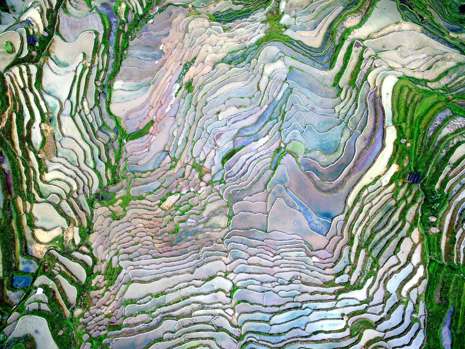 <p>An aerial shot features scenery of terraced fields in Qiandongnan Miao and Dong Autonomous Prefecture, which is located southwest of China's Guizhou Province. </p>