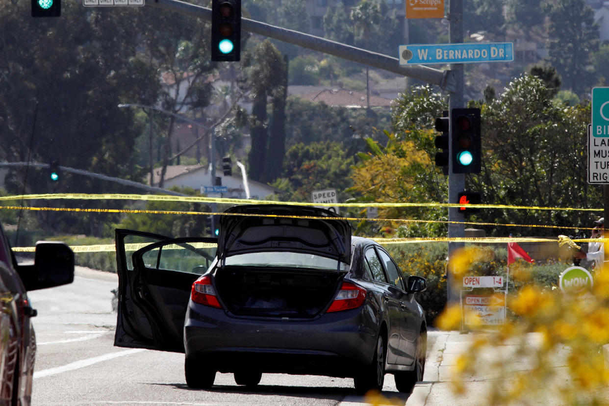 A car, allegedly used by the gunman who killed one at the Congregation Chabad synagogue in Poway, is pictured, few hundred feet from the Interstate 15 off-ramp north of San Diego, April 27, 2019. (Photo: John Gastaldo/Reuters)