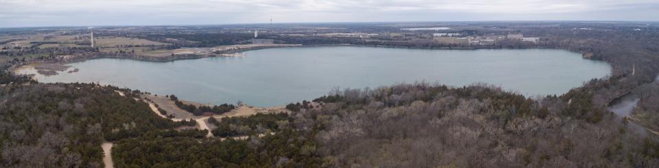 A view from above Elks Lake and the Lehigh Portland Trails shows the vastness of the 138-acre quarry lake near Iola in southeast Kansas.