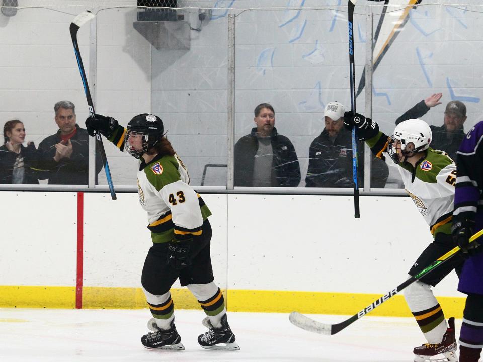 Newark Generals' senior Tanner Wilson celebrates scoring during a 3-0 victory over the PHA Prowlers at Reese Ice Arena earlier in the season.