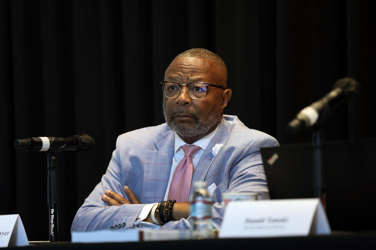 Reginald Jones-Sawyer, a member of the California Reparations Task Force gathered to hear public input on reparations in Los Angeles (Carolyn Cole / Los Angeles Times via Getty Images file)