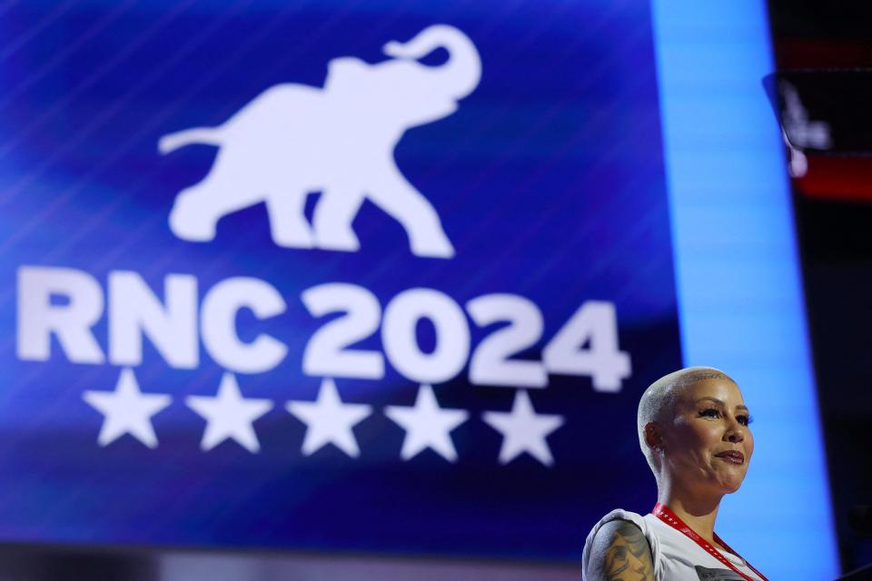 Entertainer and convention speaker Amber Rose stands at the podium ahead of the Republican National Convention in Milwaukee, Wisconsin, U.S., July 14, 2024. REUTERS/Brian Snyder