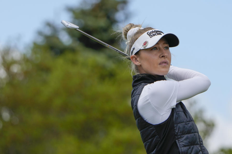 Nelly Korda hits off the second tee during the final round of the Mizuho Americas Open golf tournament, Sunday, May 19, 2024, in Jersey City, N.J. (AP Photo/Seth Wenig)