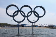 The Olympic rings as seen from the water during training at the Weymouth & Portland Venue ahead of the London 2012 Olympic Games on July 27, 2012 in Weymouth, England. (Photo by Clive Mason/Getty Images)