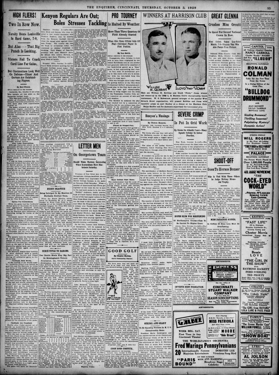 Oct. 3, 1929 Cincinnati Enquirer coverage of Cincinnati vs. Louisville football game.