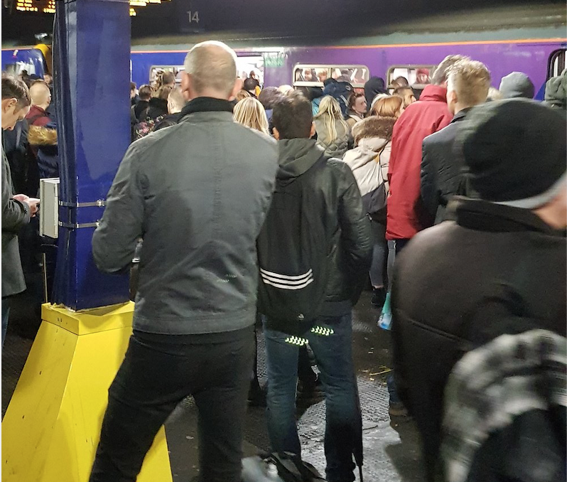 Passengers suffered delays across Manchester on Thursday night, with staff at one station staging a walkout after one member of staff was shouted at (Picture: Twitter/Paul Metcalfe)