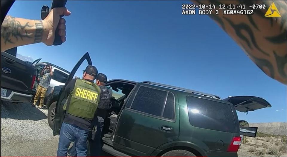 A video from from the Riverside County District Attorney's Office shows officers shoot and arrest murder suspect in Desert Hot Springs.