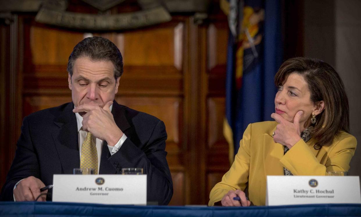 Feb. 25, 2015 photo shows Gov. Andrew Cuomo, left, and Lt. Gov. Kathy Hochul during a cabinet meeting at the Capitol in Albany, N.Y. 