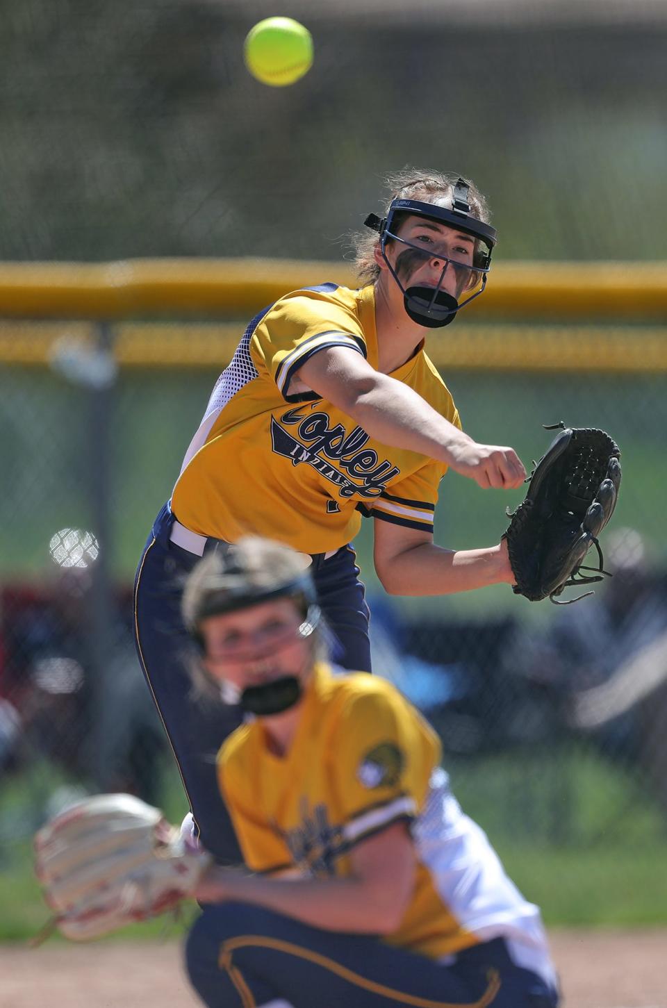 Copley third baseman Sammy Gingras throws to first to put out Tallmadge batter Leila Staszak during the fifth inning of a Division II district semifinal softball game in Canton on Tuesday.