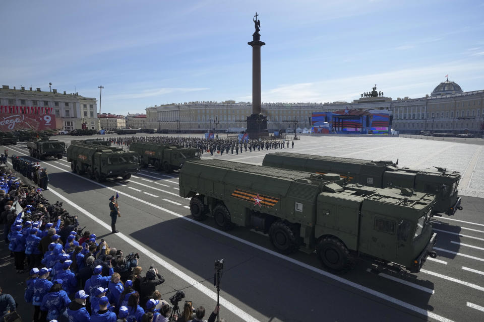 Iskander, mobile short-range ballistic missile system launchers, drive past during the Victory Day military parade at Dvortsovaya (Palace) Square to celebrate 78 years after the victory in World War II in St. Petersburg, Russia, Tuesday, May 9, 2023. (AP Photo/Dmitri Lovetsky)