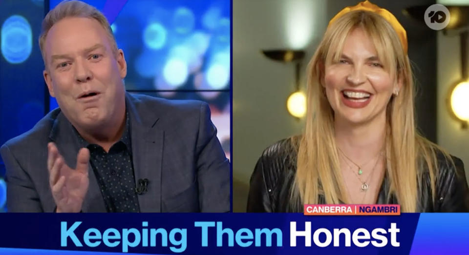 L: Peter Helliar talking on The Project. R: Political reporter Amy Remeikis from Canberra