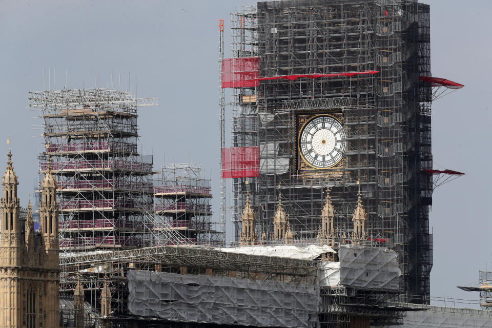 The clock hands of Elizabeth Tower at the Palace of Westminster have been removed for maintenance and restoration work as the tower is undergoing a &pound;61m refurbishment, up from the original estimate of &pound;29m.