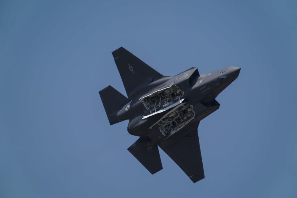 The USAF F-35A Lightning II Demonstration Team flies at the 2023 Aero India show in Bengaluru, India. / Credit: USAF F-35A Lightning II Demonstration Team