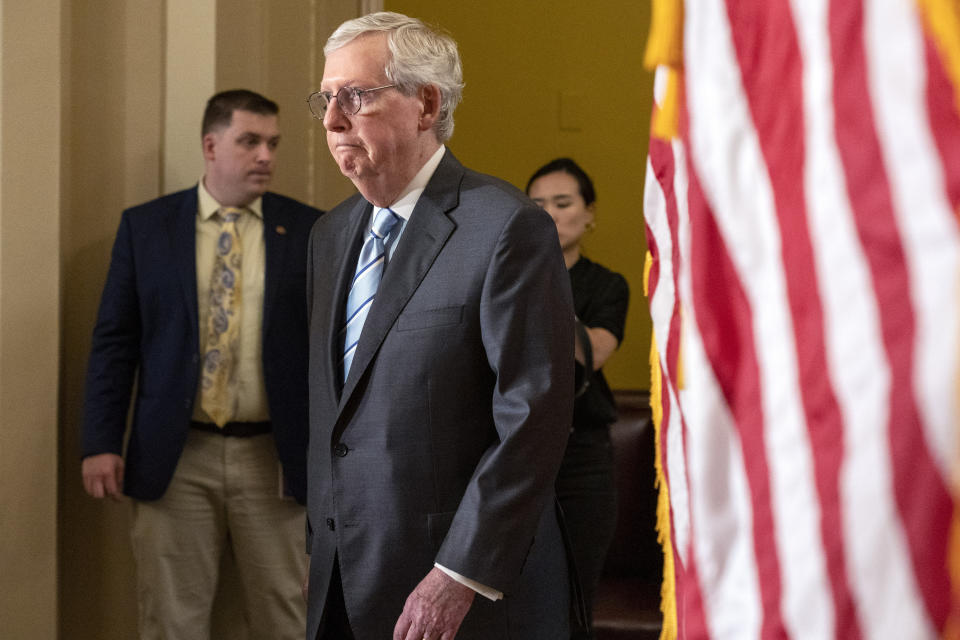 Senate Minority Leader Mitch McConnell, of Ky., arrives to speak to reporters, Wednesday, Sept. 7, 2022, ahead of a news conference on Capitol Hill in Washington. (AP Photo/Jacquelyn Martin)