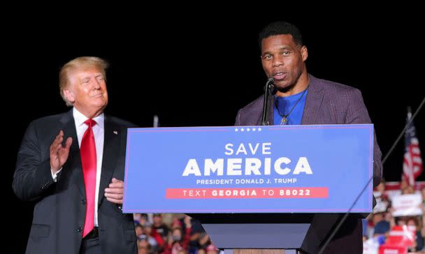 PHOTO: Former college football star and senatorial candidate Herschel Walker speaks at a rally with former President Donald Trump, Sept. 25, 2021, in Perry, Ga. (Dustin Chambers/Reuters, FILE)