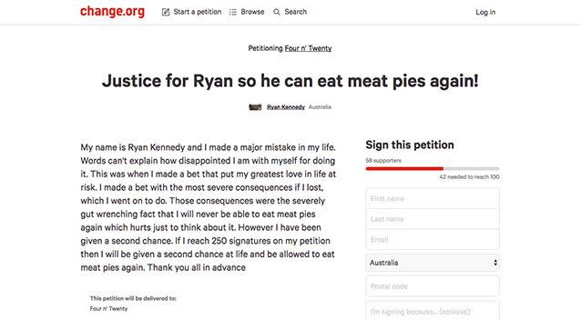 Ryan needs about 190 more signatures before he's given a 'second chance' to enjoy pies again. Picture: Change.org