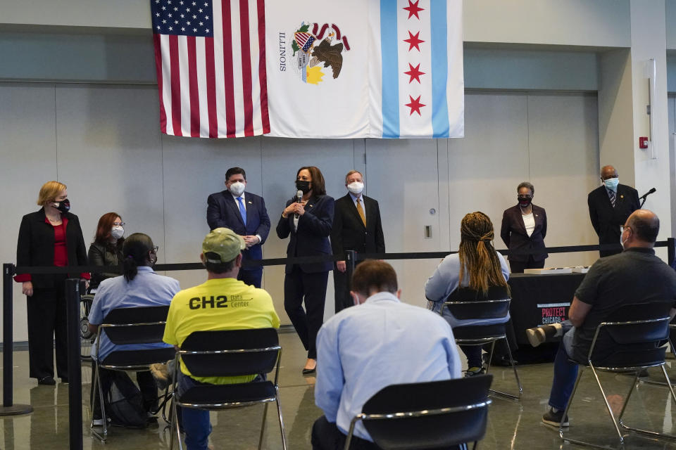 Vice President Kamala Harris speaks at a COVID-19 vaccination site, Tuesday, April 6, 2021, in Chicago. The site is a partnership between the City of Chicago and the Chicago Federation of Labor. (AP Photo/Jacquelyn Martin)