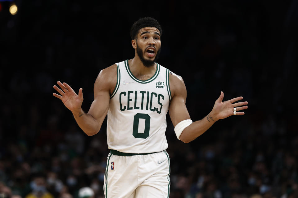 Boston Celtics' Jayson Tatum against the Toronto Raptors during the second half of an NBA preseason basketball game Saturday, Oct. 9, 2021, in Boston. (AP Photo/Winslow Townson)