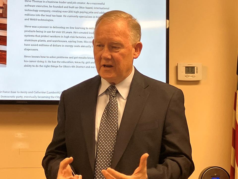 Steve Thomas speaks to the Shelby Area Democratic Club on Thursday night. He is seeking the Democratic nomination to challenge Jim Jordan in the 4th Congressional District.