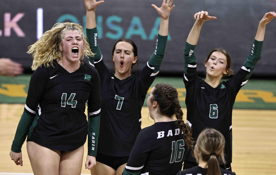 Badin's Olivia Schmidt (14) and her teammates react during the state semifinal against Gilmore Academy Friday, Nov. 11, 2022.
