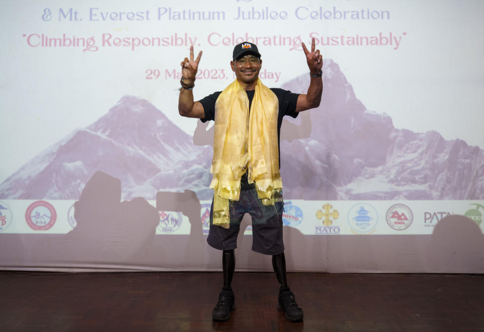 Hari Budha Magar, former Gurkha veteran and double amputee climber who scaled Mount Everest poses for a photo on the 70 anniversary of the first ascent of Mount Everest in Kathmandu, Nepal, Monday, May 29, 2023. The 8,849-meter (29,032-foot) mountain peak was first scaled by New Zealander Edmund Hillary and his Sherpa guide Tenzing Norgay on May 29, 1953. (AP Photo/Niranjan Shrestha)