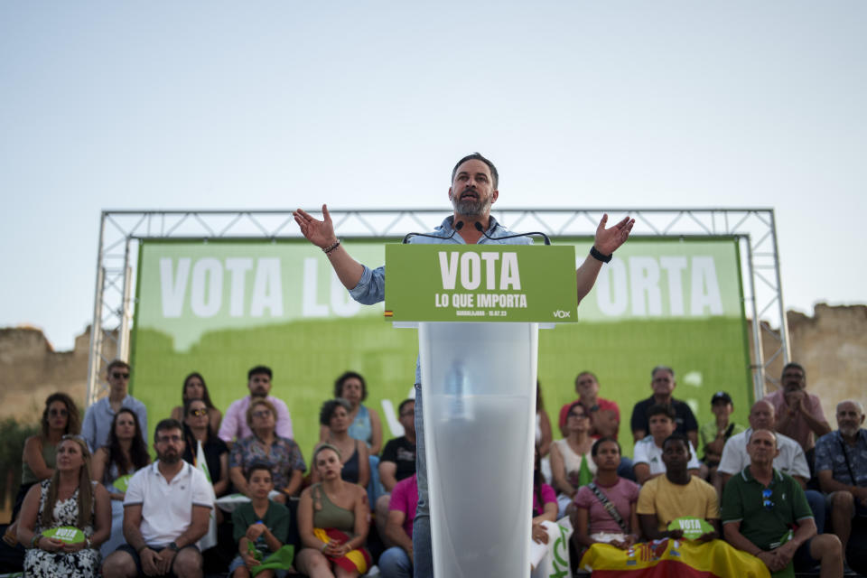 VOX far right party leader Santiago Abascal delivers a speech during an election campaign event in Guadalajara, Spain, Saturday, July 15, 2023. Spain's elections Sunday will be a battle between two leftist and two rightist parties that are teaming up to form possible coalitions. Abascal likes to style himself as an outsider who has arrived on the mission to save Spain's soul. (AP Photo/Manu Fernandez)