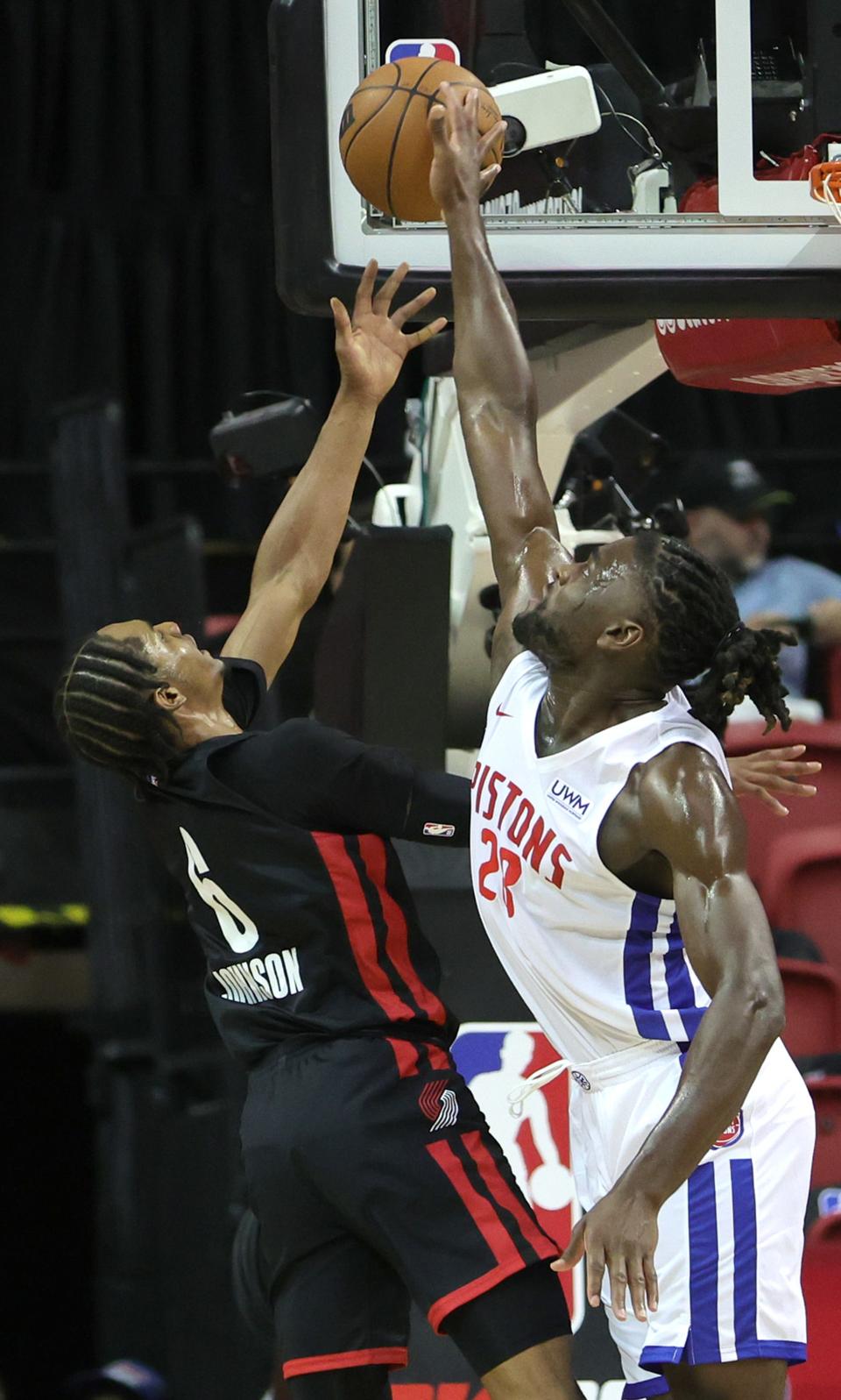 Pistons center Isaiah Stewart blocks a shot by Trail Blazers guard Keon Johnson during the Pistons' 81-78 win over the Trail Blazers during Summer League on Thursday, July 7, 2022, in Las Vegas.