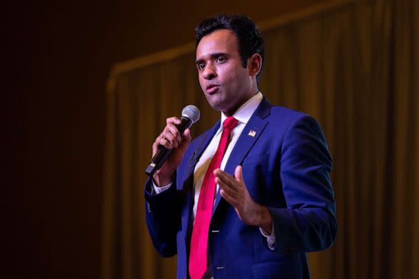 PHOTO: Entrepreneur and political activist Vivek Ramaswamy speaks during the Vision 2024 National Conservative Forum at the Charleston Area Convention Center in Charleston, S.C., on March 18, 2023. (Logan Cyrus/AFP via Getty Images)