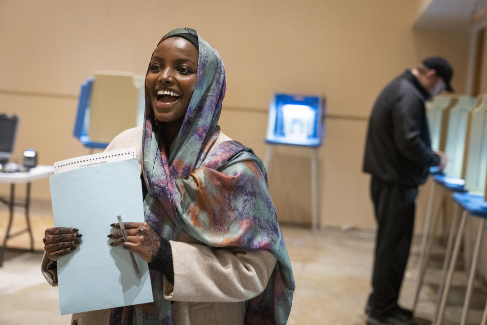 St. Louis Park City Council Member Nadia Mohamed, who is a candidate for mayor, votes on Election Day at Wat Promwachirayan in St. Louis Park, Minn. on Tuesday, Nov. 7, 2023. (Leila Navidi/Star Tribune via AP)