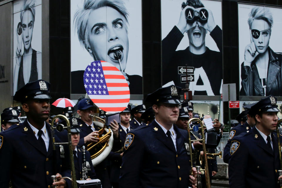 <p>NYPD marching band takes part in the 73rd Annual Columbus Day Parade in New York, Oct. 9, 2017. (Photo: Eduardo Munoz/Reuters) </p>