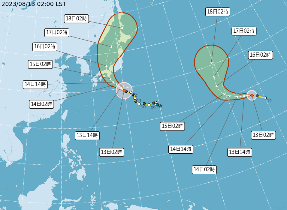 目前海面上有兩個中颱。（圖／氣象局）