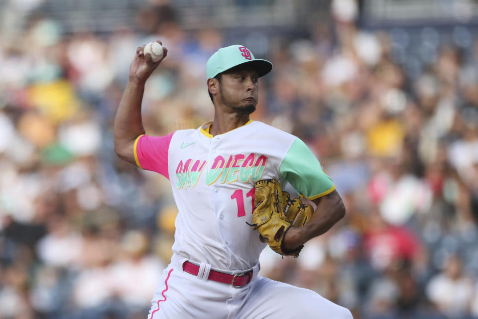 San Diego Padres' Yu Darvish throws to an Arizona Diamondbacks' batter during the first inning of a baseball game Friday, July 15, 2022, in San Diego. (AP Photo/Derrick Tuskan)